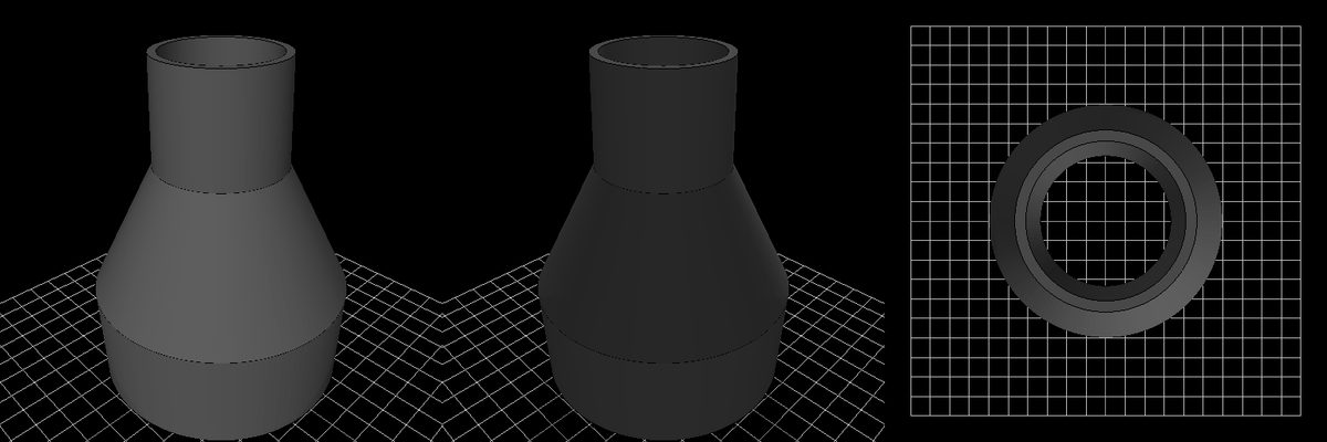 3D-Rendering eines Schlauchadapters für eine Absauganlage, in drei Ansichten