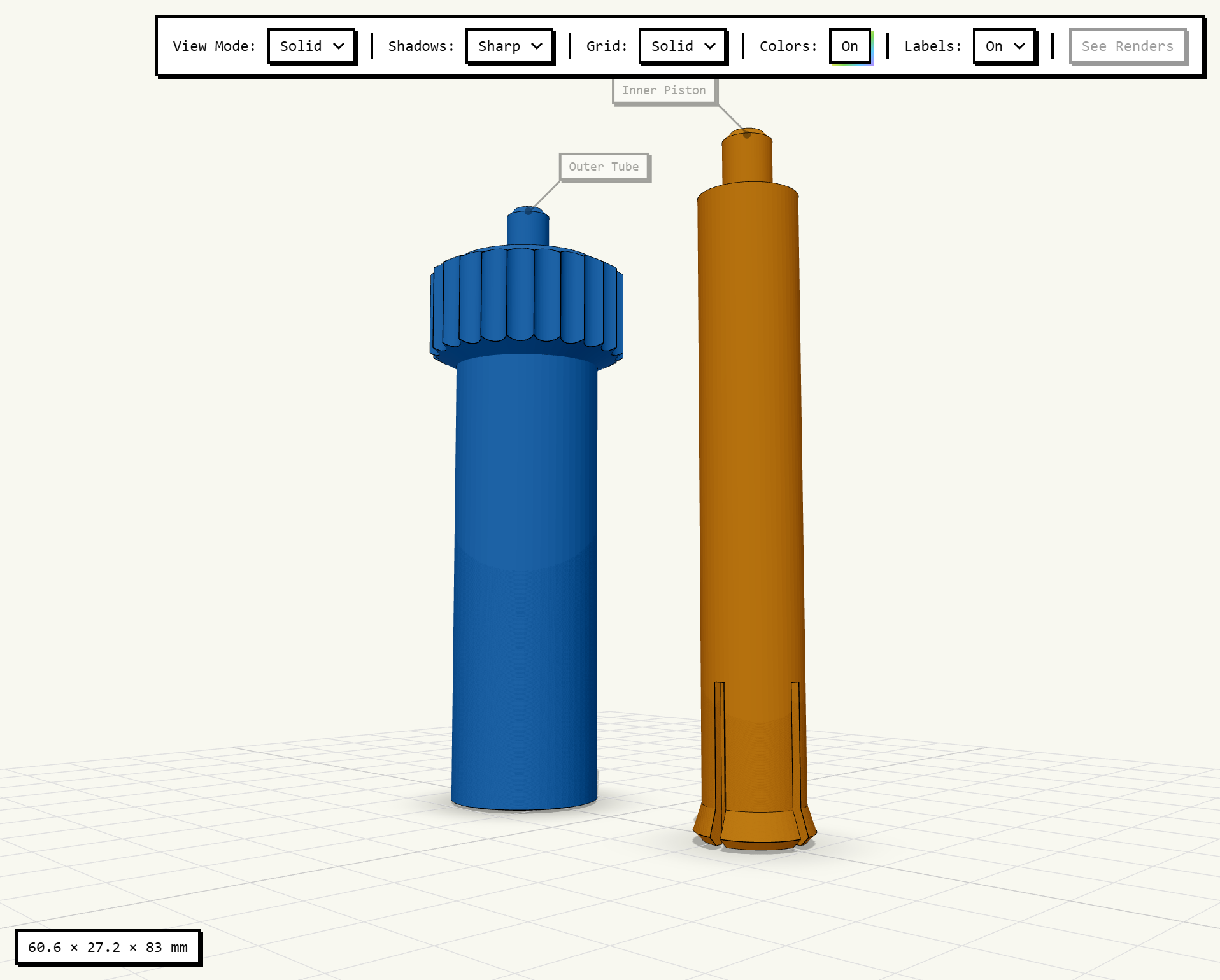 The 3D viewer showing a two-part model: a blue outer tube and an orange inner piston, each with a floating name label, with the toolbar along the top and the size readout bottom-left