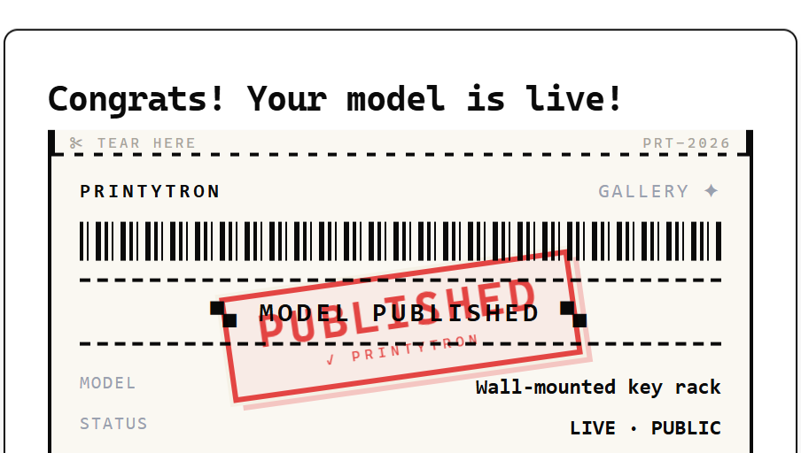 The screen that confirms a publish: Congrats! Your model is live!, with a receipt stamped PUBLISHED, the model's name and its status, LIVE · PUBLIC.